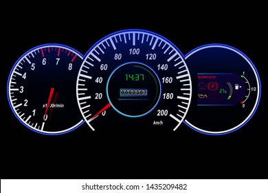 Car Dashboard-speedometer, Tachometer, Odometer, Temperature And Fuel Sensor, Vector Illustration