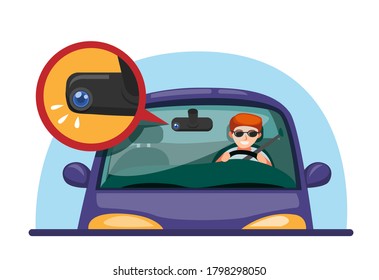 Car Dashcam. Man Driving Car With Mirror Dvr Camera Technology Symbol Concept In Cartoon Illustration Vector