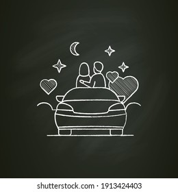 Car Date At  Night, Chalk Icon. Romantic Pastime Concept. Comfortable Car Helps Relax Together Under Starry Sky. Romantic Vibes Concept. Isolated Vector Illustration On Chalkboard