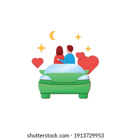 Car Date Night Flat Icon. Romantic Pastime. Comfortable Car Helps Relax Together Under Starry Sky. Romantic Vibes Concept. 3D Color Vector Illustration