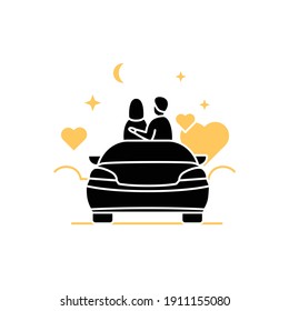 Icono de glifo nocturno con fecha de coche. Concepto romántico de pasatiempo. Un cómodo coche te ayudará a relajarte bajo el cielo estrellado. Concepto de vibraciones románticas. Signo plano relleno. Ilustración vectorial de silueta aislada