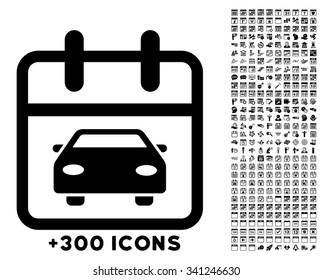 Car Date vector icon with additional 300 date and time management pictograms. Style is flat symbols, black color, rounded angles, white background.