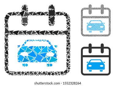 Car day composition of rugged pieces in various sizes and color tints, based on car day icon. Vector rugged dots are combined into composition. Car day icons collage with dotted pattern.