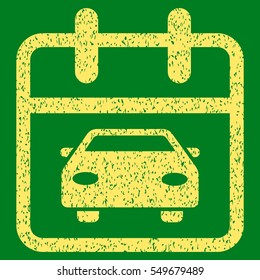 Car Day grainy textured icon for overlay watermark stamps. Flat symbol with scratched texture. Dotted vector yellow ink rubber seal stamp with grunge design on a green background.
