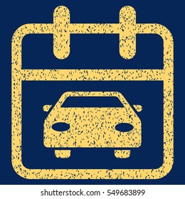 Car Day grainy textured icon for overlay watermark stamps. Flat symbol with unclean texture. Dotted vector yellow ink rubber seal stamp with grunge design on a blue background.