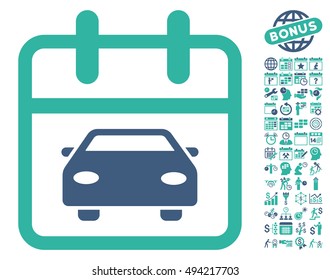 Car Day icon with bonus calendar and time management symbols. Vector illustration style is flat iconic bicolor symbols, cobalt and cyan colors, white background.