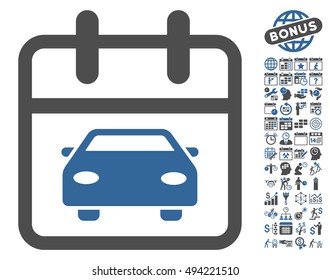 Car Day pictograph with bonus calendar and time management design elements. Vector illustration style is flat iconic bicolor symbols, cobalt and gray colors, white background.