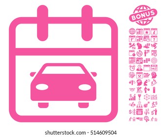 Car Day pictograph with bonus calendar and time management icon set. Vector illustration style is flat iconic symbols, pink color, white background.