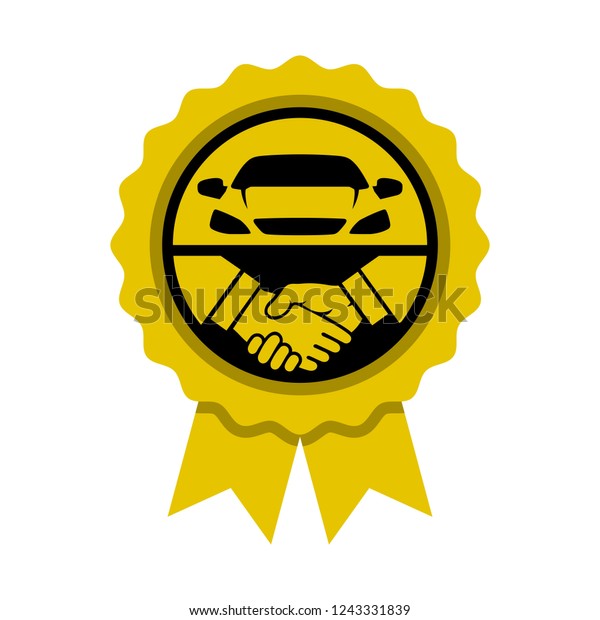 Car Deal, Agreed, Deals or Handshake Icon\
in Gold Medal, Badge with Two Ribbon\
Vector
