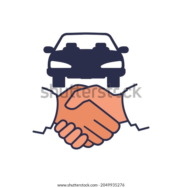 Car deal.\
Businessman handshake and car silhouette. Buy rent vehicle. Vector\
illustration flat design. Template purchase buy rental sale\
vehicle. Isolated on white\
background.