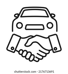 Car Deal With Hand Shake Icon. Line Business Shaking Concept. Car Dealer Making A Deal Handshake Vector Linear Illustration.