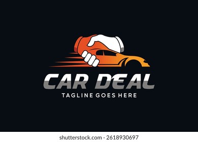 Projeto do logotipo da oferta do carro. Logotipo do aperto de mão com símbolo de ícone de carro combinado