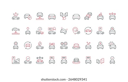 Car dealer, auto shop and repair garage service, showroom to choose, buy or rent automobile line icon set. Vehicle dealership, inspection thin black and red outline symbols vector illustration