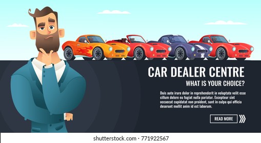 Car dealer centre concept banner. Automobile salling or rent. Auto business cartoon style illustration.