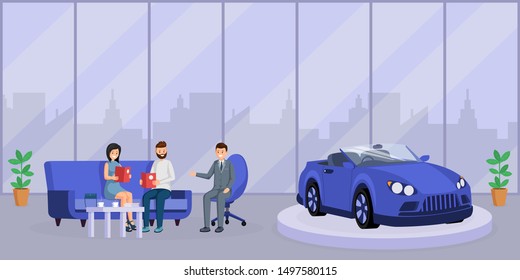 Car dealer consultation flat vector illustration. Happy young couple, customers and friendly salesman discussing purchase cartoon characters. Seller consultant offering clients auto loan contract
