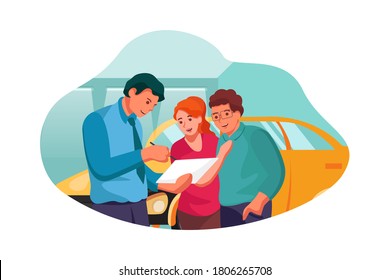 Car dealer explaining sales contract to couple buying a car vector Illustration concept.