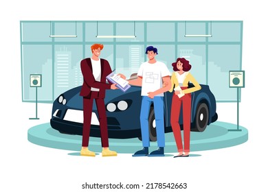 Distribuidor de coches explicando el contrato de venta a una pareja que compra un coche