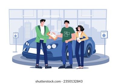 Car Dealer Explaining Sales Contract To A Couple Buying A Car