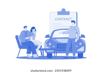 Comerciante De Coches Explicando El Contrato De Venta A Una Pareja Comprando Un Coche