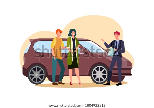 Car dealer explaining sales\
contract to couple buying a car vector illustration\
concept.