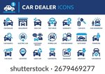 Car Dealer icon set, containing dealership, car sales, test drive, auto shop, warranty, showroom and more. Solid vector symbol collection.