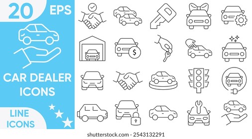 Ícones do revendedor de carros. Vendas de carros, finanças, Test drive, garantia, serviço, seguro e veículos elétricos.Vetor e ilustrador conjunto.