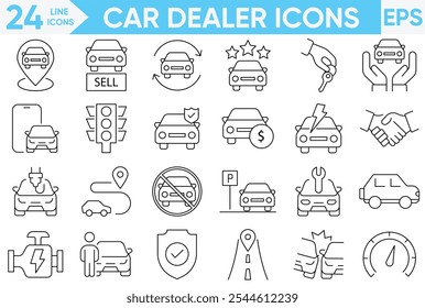 Car dealer icons . Car sales, finance, Test drive, warranty, service, insurance and electric Vehicles.Vector and illustrator set.