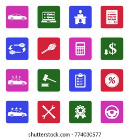 Car Dealer Icons. White Flat Design In Square. Vector Illustration. 