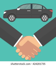 Car dealer making a deal concept. Handshake with a car in the background. Flat style