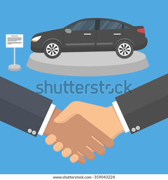 Car dealer making a deal\
concept. Handshake and a car on a stand in the background. Flat\
style design