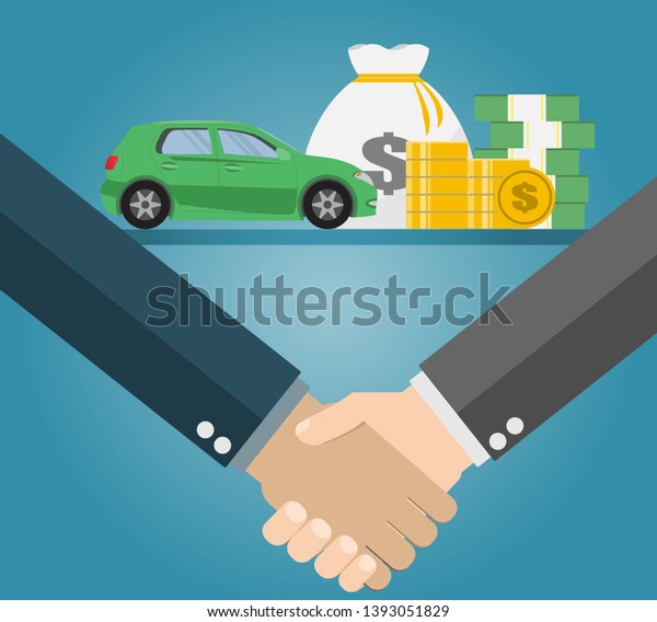 car dealer making a deal selling.\
handshake for selling a green car and money buying\
car.