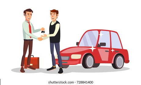 Car Dealer Salesperson Vector. Choosing New Machine Concept. Seller Man. Cartoon Business Character Illustration