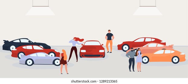 Car Dealer Showroom Flat Vector with People Evaluating and Buying Cars Illustration. Rental Car Service Clients Choosing Transport. Auto Loan Banner. Vintage Sport Vehicles Collection Exhibition