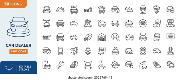 Revendedor de carro, Veículo e Indústria Automóvel Linha Editável Icon set