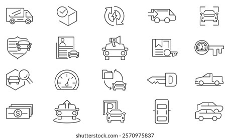 Car dealer, Vehicle and automobile line icon set. stats comparison, dealerships, vehicle, auto, car part, showroom, automobile industry, car service, warranty line icon set. Ui thin line icon pack