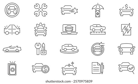 Car dealer, Vehicle and automobile line icon set. stats comparison, dealerships, vehicle, auto, car part, showroom, automobile industry, car service, warranty line icon set. Ui thin line icon pack