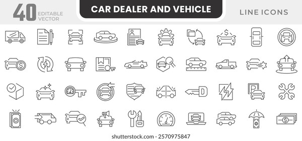 Car dealer, Vehicle and automobile line icon set. stats comparison, dealerships, vehicle, auto, car part, showroom, automobile industry, car service, warranty line icon set. Ui thin line icon pack