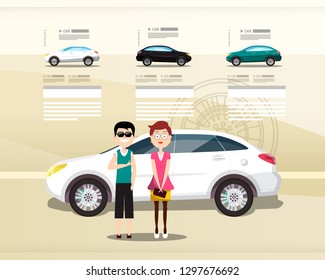 Car Dealer Web Design Vector Presentation. Cars with Happy People on Modern Leaflet.