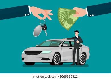 The car dealer's hand make an exchange between the car and the customer's money. Vector illustration design.