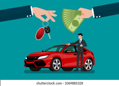 The car dealer's hand make an exchange between the car and the customer's money. Vector illustration design.