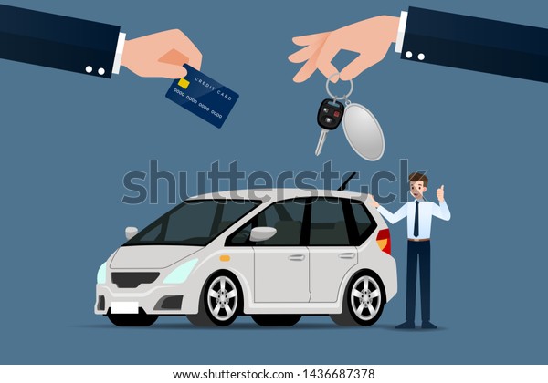 The\
car dealer\'s make an exchange, sale, rent between a car and the\
customer\'s credit card. Vector illustration\
design.