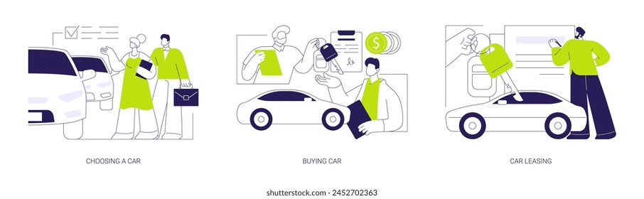 Car dealership abstract concept vector illustration set. Choosing a car, buying vehicle from official dealer, transport leasing services, signing contract, automobile dealer salon abstract metaphor.