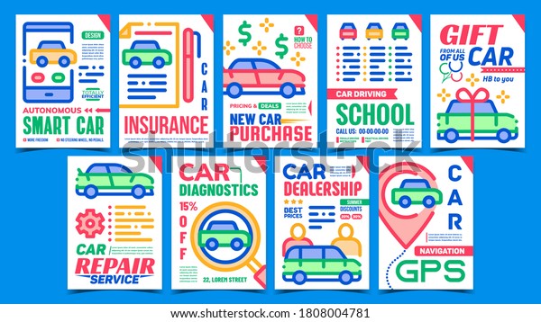 Car Dealership Advertising Posters Set\
Vector. Car Purchase And Insurance, Diagnostics And Repair Service,\
Gps Navigation System Promotional Banners. Concept Template Style\
Color Illustrations
