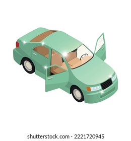 Car dealership auto salon isometric icon with new shiny automobile 3d vector illustration