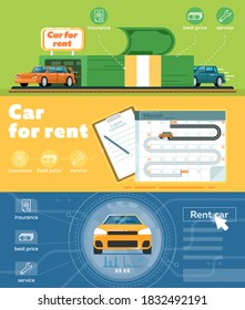 Car dealership. Choosing, booking reservation and order new or used automobile online illustration. Leasing renting automotive service advertisement. Car for rent dealership header banner design set