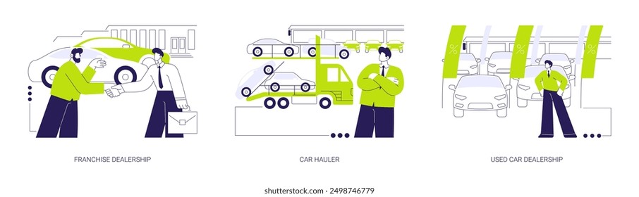 Car dealership company abstract concept vector illustration set. Franchise dealership, car hauler, used vehicles for sale, auto transportation, official manufacturer dealership abstract metaphor.