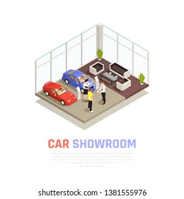 Car dealership concept with car purchase  symbols isometric vector illustration