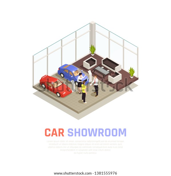 Car dealership concept with car purchase \
symbols isometric vector\
illustration