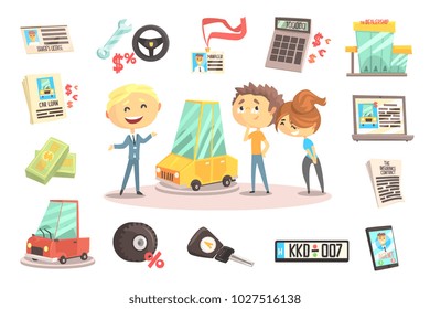 Car Dealership Firm Professional Dealer Selling The Vehicle To The Young Couple Illustration With Different Car Dealing Icons Around