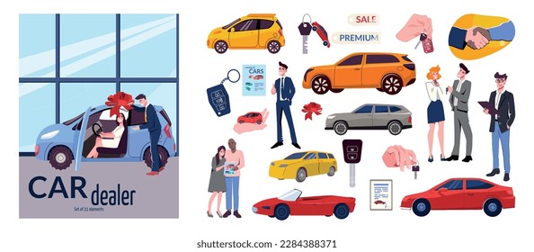 Juego de planos de concesionarios de coches con varios tipos de concesionarios de coches y clientes felices ilustraciones vectoriales aisladas